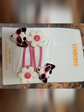 Gymboree Pink, White & Black Dog and Flower Hair Clips Nwt